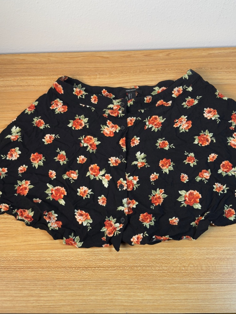 Forever 21 Black Floral Button-Front Shorts with Orange Roses